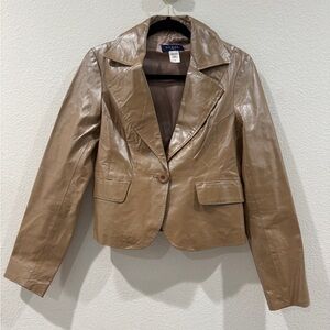 Vintage Guess Jeans 100% Leather Shiny Tan Collared Y2K Jacket Size Large